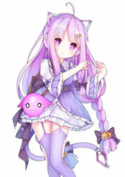  300_heroes :3 ahoge animal_ear_headphones animal_ears bag bell black_bow blue_hair bow braid cat_ear_headphones cat_ears cat_tail commentary dress fake_animal_ears female frilled_dress frilled_sleeves frills garter_straps hair_bell hair_ornament hairbow headphones heart heart_hands jingle_bell long_hair long_sleeves looking_at_viewer multicolored_hair paw_print power_symbol purple_bow purple_eyes purple_hair purple_shirt purple_thighhighs shirt shoulder_bag sidelocks simple_background sleeveless sleeveless_shirt solo standing standing_on_one_leg streaked_hair tail tareme tengxiang_lingnai thighhighs timi_(300_heroes) twin_braids very_long_hair white_background white_dress wide_sleeves 