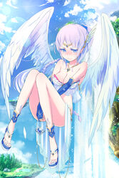  angel_wings bad_feet bad_id bad_pixiv_id blush braid breasts cleavage closed_mouth collarbone day female highres large_breasts long_hair looking_away loup original outdoors purple_eyes purple_hair solo sparkle wings 