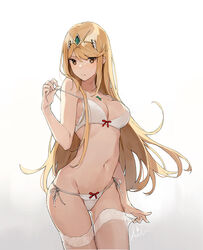  aiko_(kanl) artist_name ass_visible_through_thighs backlighting bangs blonde_hair bra breasts brown_eyes cleavage cowboy_shot eyebrows_visible_through_hair gradient gradient_background hairband hikari_(xenoblade_2) large_breasts long_hair looking_at_viewer navel panties sheer_legwear side-tie_panties sidelocks simple_background skindentation solo standing strap_gap strap_pull strap_slip swept_bangs thigh_gap thighhighs thighhighs_pull tiara underwear underwear_only white_bra white_legwear white_panties xenoblade_(series) xenoblade_2 