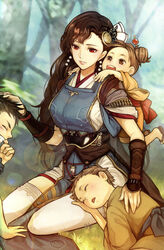  benizuki_(toukiden) breasts brown_hair earrings hair_ornament japanese_clothes large_breasts long_hair red_eyes thighhighs toukiden toukiden_2 white_legwear 