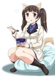  :p animal_ears black_socks blue_eyes blue_shirt blunt_bangs blush brave_witches brown_hair cat_ears cat_girl cat_tail commentary_request dress_shirt eating female food georgette_lemare highres holding ice_cream jacket long_hair long_sleeves looking_at_viewer military military_uniform no_pants photoshop_(medium) pillow ribbon shirt sitting socks solo spoon tail tongue tongue_out twintails uniform wan&#039;yan_aguda white_jacket world_witches_series 