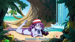  alternative_hairstyle bandana beach bikini blue_skin breasts female gems gold hair_down hand_on_own_cheek jewelry leg_up looking_at_viewer lying ocean palm_tree purple_hair red_eyes risky_boots sand screencap shantae shantae:_half-genie_hero shantae_(series) striped_bikini swimsuit waterfall wet wet_hair wet_swimsuit 