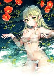  artist_name bad_id bad_twitter_id bare_shoulders bikini blush breasts cleavage collarbone commentary dated earrings elf female fingernails flower green_eyes green_hair highres jewelry leaf light_green_hair long_hair looking_at_viewer medium_breasts nardack navel original parted_lips partially_submerged pointy_ears shiny_skin signature solo strapless swimsuit symbol-only_commentary trumpet_creeper twitter_username water water_drop white_bikini 