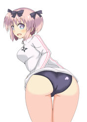  ass blue_eyes blush bow breasts buruma female from_behind hairbow hibari_(senran_kagura) jacket large_breasts leaning leaning_forward looking_at_viewer looking_back masa open_mouth pink_hair senran_kagura shiny shiny_clothes shiny_hair short_hair short_twintails sideboob smile solo track_jacket twintails 