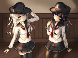  2girls :o akatsuki_(kancolle) anchor_symbol badge black_pantyhose black_socks black_thighhighs blue_eyes blush clenched_hand commentary_request flat_cap hair_between_eyes hat hibiki_(kancolle) highres indoors kantai_collection kneehighs light_particles long_hair long_sleeves looking_at_viewer multiple_girls neckerchief open_mouth pantyhose pleated_skirt purple_hair red_neckerchief sailor_collar school_uniform serafuku skirt smile socks thighhighs touchuu_kasou white_hair zettai_ryouiki 