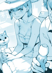  1boy animal bad_id bad_pixiv_id bare_arms bench blue_theme blunt_bangs blush bob_cut breasts canine closed_mouth collarbone dress drink eyebrows facial_mark female forehead_mark frills hat holding hot light_smile looking_at_viewer medium_breasts monochrome original out_of_frame ramune sasaoka_gungu sash shade short_dress short_hair sitting sleeveless sleeveless_dress solo_focus straw_hat summer sun_hat sundress sweat translated 