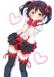  artist_name black_bow black_hair black_skirt black_thighhighs blush bokura_wa_ima_no_naka_de bow breasts center_frills commentary_request female fingerless_gloves frilled_shirt_collar frilled_sleeves frills gloves hairbow half-skirt hands_on_own_cheeks hands_on_own_face hands_up heart korean_commentary looking_at_viewer love_live! love_live!_school_idol_project multicolored_clothes multicolored_skirt navel red_bow red_eyes red_gloves red_skirt shirt short_sleeves simple_background skirt skull573 smile solo suspender_skirt suspenders thighhighs twintails white_background white_shirt yazawa_nico 