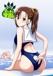  2girls :d ass ass_cutout blue_one-piece_swimsuit brown_eyes brown_hair closed_eyes clothing_cutout colorized commentary competition_swimsuit detexted english_commentary from_behind grey_background hair_ornament hair_scrunchie hand_fan highres hino_hitomi long_hair looking_at_viewer looking_back maximilian-destroyer multiple_girls murenase!_shiiton_gakuen oerba_yun_fang official_art okami_ranka one-piece_swimsuit open_mouth pink_hair ponytail pool scrunchie shiiton_gakuen_school_uniform_(sea_branch) smile solo_focus striped_clothes striped_one-piece_swimsuit swimming swimsuit third-party_edit watermark yamashita_bungo yellow_scrunchie 