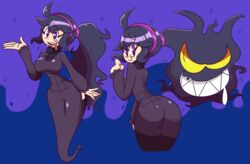  @_@ ahoge al_bhed_eyes alternate_hairstyle ass blue_background breasts dress drooling eyebrows_visible_through_hair eyes_visible_through_hair female floating gengar ghost hair_ornament hair_tie hand_up headband hex_maniac_(pokemon) highres large_breasts long_hair long_sleeves looking_to_the_side matching_hair/eyes multiple_views open_mouth pokemon pokemon_(creature) pokemon_rgby pokemon_xy ponytail purple_background purple_dress purple_eyes purple_hair saliva shinyillusionz simple_background smile teeth tied_hair tongue turtleneck two-tone_background yellow_eyes 