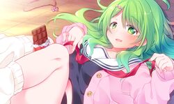  arms_up between_legs blush candy cardigan chocolate chocolate_bar commentary_request feet_out_of_frame female food green_eyes green_hair hair_ornament hairclip highres holding holding_chocolate holding_food jewelry komo_da leg_lift legs_together long_hair long_sleeves looking_at_viewer lying morinaka_kazaki morinaka_kazaki_(4th_costume) neckerchief necklace nijisanji on_back on_floor open_cardigan open_clothes open_mouth pink_cardigan red_neckerchief sailor_collar school_uniform serafuku solo tile_floor tiles untying unworn_jewelry unworn_necklace valentine very_long_hair virtual_youtuber white_legwear white_sailor_collar 