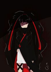  arm_at_side azami_(kagerou_project) black_hair blending cloak commentary_request cowboy_shot curly_hair dark female hair_ribbon hand_on_own_hip kagerou_days_(vocaloid) kagerou_project leg_ribbon long_hair long_ribbon looking_at_viewer petticoat red_eyes red_ribbon ribbon scales shaded_face shadow signature sleeves_past_wrists slip_showing smile solo uikoui very_long_hair wavy_hair 