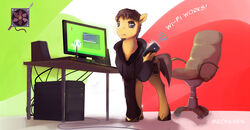  beard brown_eyes brown_hair chair clothing computer cutie_mark earth_pony electronics english_text equid equine facial_hair fan_character feral furniture hair hasbro hi_res hoodie hooves horse inside male mammal mechagen my_little_pony pony solo standing text topwear wi-fi 