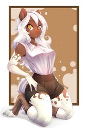  5_fingers anthro better_version_at_source breasts brown_body brown_skin clothed clothing equid equine female fingers hair hi_res hooves horse kneeling looking_at_viewer mammal pony simple_background solo suelix sundae_(oc) white_hair wide_hips yellow_eyes 