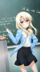  :t aliasing black_scrunchie black_skirt blue_shirt cardigan chalkboard contrapposto cosplay cowboy_shot duplicate ellen_baker ellen_baker_(cosplay) fate/kaleid_liner_prisma_illya fate_(series) female game_cg german_text hair_ornament hair_over_shoulder hair_scrunchie hand_on_own_hip illyasviel_von_einzbern indoors light_brown_hair long_sleeves looking_at_viewer new_horizon non-web_source official_art pointer polka_dot polka_dot_scrunchie pout red_eyes scrunchie shirt sidelocks skirt solo standing teacher v-shaped_eyebrows white_shirt 