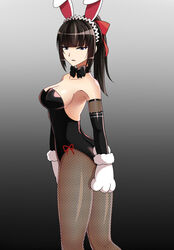  animal_ears animal_hands backless_outfit bare_back black_bow black_eyes black_hair black_leotard bow bowtie breasts choker collarbone commentary_request detached_sleeves fake_animal_ears female fishnet_pantyhose fishnets from_side gloves gradient_background grey_background hair_ribbon hairband head_tilt high_ponytail highres large_breasts leotard long_hair looking_at_viewer narberal_gamma overlord_(maruyama) pantyhose parted_lips paw_gloves playboy_bunny rabbit_ears rabbit_tail red_ribbon ribbon solo standing strapless strapless_leotard tail white_gloves zetsuei_(zetto) 