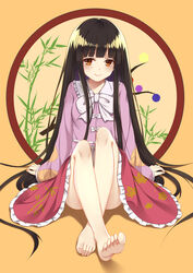  arm_support arms_behind_back bare_legs barefoot black_hair bow bowtie closed_mouth collar commentary_request crossed_legs feet female fingernails flan_(seeyouflan) foot_focus frilled_collar frills full_body highres hime_cut houraisan_kaguya japanese_clothes ke-ta_(style) kimono legs long_hair long_sleeves looking_at_viewer makeup nail_polish orange_eyes photoshop_(medium) sitting smile soles solo toenail_polish toenails toes touhou very_long_hair wide_sleeves yellow_background 