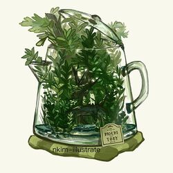  artist_name commentary_request fox glass_teapot green_theme handle nadia_kim no_humans original overflowing plant see-through tea_plant teapot transparent yellow_background 