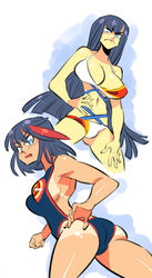  2girls adapted_costume bikini black_hair breasts cleavage commentary_request frown junketsu kill_la_kill kiryuuin_satsuki large_breasts long_hair looking_at_viewer matoi_ryuuko multicolored_hair multiple_girls navel one-piece_swimsuit rafchu senketsu short_hair siblings sisters streaked_hair swimsuit tan tanlines twisted_torso 