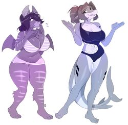  absurd_res anthro bat bethany_graves big_breasts bikini_shorts breasts clothing curvy_figure cutout duo female fish hair hi_res mammal marine matemi navel nicole_(cole) one-piece_swimsuit shark sharkini shy single_strap single_strap_clothing single_strap_swimsuit single_strap_swimwear slightly_chubby smile smirk swimwear tail tattoo thick_thighs voluptuous wings 