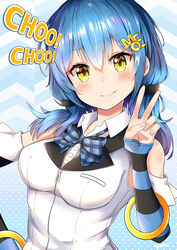  blue_bow blue_hair blush bow breasts closed_mouth collared_shirt commentary_request detached_sleeves dress female fingernails hair_between_eyes hair_ornament hairclip head_tilt icetea jacket long_hair long_sleeves looking_at_viewer medium_breasts natsumi_moe photoshop_(medium) plaid plaid_bow polka_dot polka_dot_background shirt signature sleeveless sleeveless_jacket sleeves_past_wrists smile solo striped_sleeves sylphine upper_body v virtual_youtuber white_jacket white_shirt yellow_eyes 