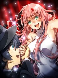  1boy barefoot black_hair black_hat black_suit blue_eyes blush breasts collarbone commentary cosplay couple darling_in_the_franxx dress female formal green_eyes hat height_difference herozu_(xxhrd) hiro_(darling_in_the_franxx) holding_hands horns kekkai_sensen long_hair long_sleeves looking_at_another looking_at_viewer medium_breasts oerba_yun_fang oni_horns pink_hair red_horns sleeveless sleeveless_dress straight suit white_dress zero_two_(darling_in_the_franxx) 