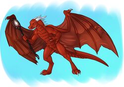  2018 3_toes amocin anthro athletic athletic_anthro athletic_male biped blue_eyes claws clenched_teeth digital_media_(artwork) dragon drakos_kyriou european_mythology feet gem hi_res horn life_of_the_dragonlord male membrane_(anatomy) membranous_wings mythological_creature mythological_scalie mythology red_body red_eyes red_scales reptile scales scalie simple_background solo staff standing tail teeth toes western_dragon wings 