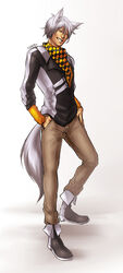  1boy animal_ears artist_name bandana commentary dex_(vocaloid) full_body grey_background highres jacket male_focus orange_eyes solo tail teeth tiebero vocaloid wolf_ears wolf_tail 