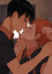  2boys black_hair blurry blurry_background blush commentary_request haikyuu!! highres hinata_shouyou holding_another&#039;s_wrist imminent_kiss indoors kageyama_tobio karasuno_volleyball_uniform looking_at_another male_focus multiple_boys open_mouth orange_hair sportswear volleyball_uniform weyowang yaoi 