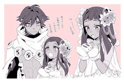  1boy abs ahoge bad_id bad_pixiv_id black_hair blush brown_eyes commentary_request dark-skinned_female dark-skinned_male dark_skin earrings fate/grand_order fate/prototype fate/prototype:_fragments_of_blue_and_silver fate_(series) female flower gloves hair_flower hair_ornament jewelry karasumaru long_hair necklace nefertari_(fate) open_mouth ozymandias_(fate) pink_background short_hair smile snow_rabbit translated upper_body winter_gloves 