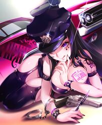  :q arm_belt arm_support belt black_hair black_thighhighs bracelet breast_tattoo breasts butterfly_tattoo car cropped_legs cuffs dutch_angle facepaint facial_tattoo female finger_to_mouth fingernails fu-mi.a garter_straps glint gun handcuffs handgun hat hat_over_one_eye holding jewelry large_breasts lips long_hair looking_at_viewer lying miss.dd motor_vehicle muscle_car on_side police_hat purple_eyes revolver scalpel sleeveless solo sound_voltex star_(symbol) tattoo thick_thighs thighhighs thighs tongue tongue_out weapon wide_hips 