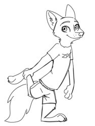  2018 3:4 anthro barefoot bent_leg biped black_and_white canid canine claws clothed clothing dangling_arm disney extended_arms feet fox fuel_(artist) hand_on_ankle hand_on_leg hand_on_own_ankle hand_on_own_leg hi_res holding_ankle holding_leg holding_raised_leg looking_at_viewer male mammal monochrome nick_wilde on_one_leg one_calf_up raised_calf raised_foot raised_leg red_fox simple_background smile solo standing straight_leg stretching toe_claws true_fox white_background zootopia 