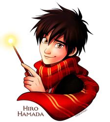  1boy artist_name bad_id bad_twitter_id big_hero_6 brown_eyes brown_hair character_name gryffindor harry_potter_(series) hiro_hamada hogwarts_school_uniform holding holding_wand male_focus parody ponsu_(ponzuxponzu) red_scarf scarf school_uniform smile solo striped_clothes striped_scarf wand wizarding_world 