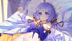  absurdres ahoge azur_lane bad_id bad_pixiv_id bare_shoulders bed bedroom black_ribbon blue_dress blue_gloves blue_hair blush breasts chinese_commentary closed_mouth commentary_request cosplay curtains dress elbow_gloves female fingerless_gloves gloves gold_trim groin hair_ornament hair_ribbon hair_spread_out halter_dress halterneck hand_to_own_mouth hands_up highres indoors long_hair looking_at_viewer lying medium_breasts mo_xiaoxue navel official_alternate_costume on_back own_hands_together panties pillow purple_dress purple_eyes purple_hair ribbon sparkle stomach stuffed_animal stuffed_toy stuffed_winged_unicorn tears torn_clothes torn_dress tress_ribbon two-sided_dress two-sided_fabric underwear unicorn_(azur_lane) unicorn_(little_star_songstress)_(azur_lane) very_long_hair vocaloid white_panties window xingchen xingchen_(cosplay) yellow_dress 