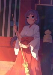  absurdres artist_name blue_eyes broom commentary_request day female hakama hakama_skirt highres japanese_clothes long_hair long_sleeves love_live! love_live!_school_idol_project miko minekohana outdoors purple_hair red_hakama skirt smile solo standing tojo_nozomi wide_sleeves 