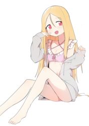  absurdres barefoot bikini blonde_hair blush bural_chingu commentary_request female full_body hair_between_eyes highres hood hoodie lee_ji-min long_hair looking_at_viewer open_mouth red_eyes simple_background smile solo swimsuit white_background wweed 