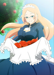  adapted_costume apple apple_tree apron blue_dress blue_eyes blue_sky bluelancek commentary_request day dress female food fruit fruit_tree highres katie_(sennen_sensou_aigis) long_hair maid_apron maid_headdress orange_hair outdoors sennen_sensou_aigis skirt_basket sky smile solo standing tree 