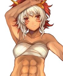  abs arm_up armpits closed_mouth commentary_request dark-skinned_female dark_skin facial_mark female fire_emblem fire_emblem_fates jurge mask red_eyes rinkah_(fire_emblem) sarashi short_hair simple_background solo upper_body white_background white_hair 