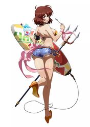  ahoge armband ass ass_visible_through_thighs bare_arms bare_back bare_shoulders bikini bow breasts brown_eyes brown_hair cherry denim female flare_(langrisser) food from_behind fruit full_body high_heels highres hip_focus holding ice langrisser langrisser_iii langrisser_mobile large_breasts leg_up legs looking_at_viewer looking_back official_art open_mouth polearm shaved_ice short_shorts shorts sideboob solo spoon surfboard surfboard_leash sweat swimsuit tag teeth thighs tongue trident weapon white_background 