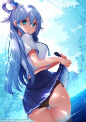  aqua_(konosuba) ass black_panties blue_eyes blue_hair blue_skirt blush breasts closed_mouth clothes_lift commentary_request day female from_behind hair_between_eyes hair_ornament hair_rings highres kaho_okashii kono_subarashii_sekai_ni_shukufuku_wo! lifting_own_clothes long_hair looking_at_viewer looking_back medium_breasts outdoors panties pleated_skirt school_uniform serafuku shirt short_sleeves side-tie_panties skirt skirt_lift smile solo standing underwear wading water wet wet_clothes white_shirt 