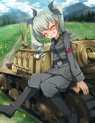  anchovy_(girls_und_panzer) anzio_military_uniform bad_id bad_pixiv_id belt black_footwear black_shirt black_skirt blush boots caterpillar_tracks cloud cloudy_sky day dress_shirt drill_hair female girls_und_panzer grass green_hair grey_jacket grey_pants grin hair_ribbon highres jacket knee_boots kurokoshou_(emuburemu123) long_hair long_sleeves military military_uniform military_vehicle motor_vehicle mountain necktie outdoors pants pants_tucked_in red_eyes ribbon sam_browne_belt semovente_75/18 shirt sitting skirt sky smile solo tank twin_drills twintails uniform 