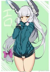  :t blunt_bangs blush bow brown_eyes cosplay cowboy_shot cropped_legs eromanga_sensei female grey_hair hairbow hand_on_own_chest headgear izumi_sagiri izumi_sagiri_(cosplay) jacket jacket_tug jpeg_artifacts kantai_collection long_hair long_sleeves looking_at_viewer low-tied_long_hair murakumo_(kancolle) outside_border sidelocks simple_background sleeves_past_wrists slm solo translated v-shaped_eyebrows very_long_hair watermark weibo_logo weibo_watermark 