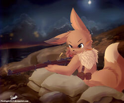  2018 6:5 absurd_res anthro bag brown_body brown_fur cartridge_case cloud detailed_background digital_media_(artwork) dipstick_tail eevee eyebrows flare_(object) fur generation_1_pokemon gun hi_res holding_gun holding_object holding_ranged_weapon holding_rifle holding_weapon male markings mountain night nintendo orange_eyes outside pokemon pokemon_(species) pokemorph ranged_weapon rifle sandbag senz shell_(projectile) shooting signature sky solo tail tail_markings tan_body tan_fur text url war water weapon 