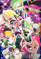  2boys 3d_rod! 6+girls absurdres agent_4_(splatoon) agent_8_(splatoon) beanie beard callie_(splatoon) cap&#039;n_cuttlefish commentary_request dj_octavio dual_persona dual_wielding everyone facial_hair fangs glasses hat highres holding inkling inkling_boy inkling_girl inkling_player_character japanese_clothes judd_(splatoon) kimono li&#039;l_judd_(splatoon) looking_at_viewer marie_(splatoon) marina_(splatoon) multiple_boys multiple_girls octoling octoling_player_character oil-paper_umbrella open_mouth pearl_(splatoon) salmonid short_shorts shorts smile splat_dualies_(splatoon) splatoon_(series) splatoon_2 splatoon_2:_octo_expansion splattershot_(splatoon) squidbeak_splatoon sunglasses tank_top tentacle tentacle_hair umbrella 