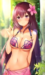  absurdres aozora_nan blurry blush breasts commentary_request depth_of_field fate/grand_order fate_(series) female flower hair_flower hair_ornament highres large_breasts long_hair looking_at_viewer navel purple_hair sarong scathach_(fate) scathach_(swimsuit_assassin)_(fate) smile solo swimsuit 