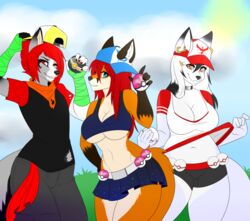  anthro arctic_fox bandana big_breasts breasts canid canine clothed clothing female fox group hat headgear headwear hi_res holding_object holding_pokeball kammymau kerchief logo looking_at_viewer love_ball luxury_ball mammal navel nintendo pokeball pokemon pokemon_go premier_ball red_fox samantha_arrow smile standing team_instinct team_mystic team_valor teeth true_fox wide_hips 