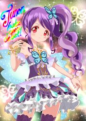  ! absurdres bad_id bad_pixiv_id bare_shoulders blush bracelet butterfly_hair_ornament character_name dress female hair_ornament highres jewelry junon_(pripara) light_purple_hair long_hair multicolored_hair open_mouth petticoat pretty_series pripara purple_hair red_eyes short_dress side_ponytail solo soraryu_saworu sparkle symbol-shaped_pupils thighhighs two-tone_hair zettai_ryouiki 