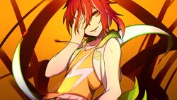  1boy bad_id bad_link bad_twitter_id ensemble_stars! hand_on_own_face hood hoodie hyaku_(pixiv_1804749) jewelry male_focus multicolored_hair necklace red_hair sakasaki_natsume sleeveless sleeveless_hoodie smile solo source_request streaked_hair switch_(ensemble_stars!) yellow_eyes 