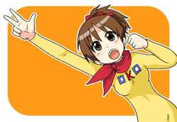  70s ascot breasts brown_eyes brown_hair charge_man_ken chargeman_ken! cosplay female hair_ribbon hirasawa_ui izumi_ken izumi_ken_(cosplay) k-on! knack oldschool open_mouth orange_background parody pixiv_thumbnail pointing ponytail resized ribbon short_hair simple_background solo tokidome_zamao v 