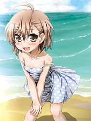  ahoge aru_ra_une beach blush brown_eyes brown_hair cloud commentary_request day dress female highres last_order_(toaru_majutsu_no_index) outdoors photoshop_(medium) polka_dot sand short_hair sky solo strap_slip sweat toaru_majutsu_no_index 