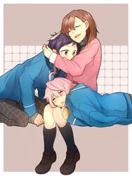  2boys ahoge anzu_(ensemble_stars!) bad_id bad_link bad_twitter_id blazer blue_hair brown_hair ensemble_stars! female fushimi_yuzuru himemiya_tori hug hyaku_(pixiv_1804749) jacket lap_pillow long_hair mole mole_under_eye motherly multiple_boys necktie open_mouth pants pink_hair plaid plaid_pants plaid_skirt school_uniform short_hair sidelocks skirt smile source_request sweater_vest yumenosaki_school_uniform 